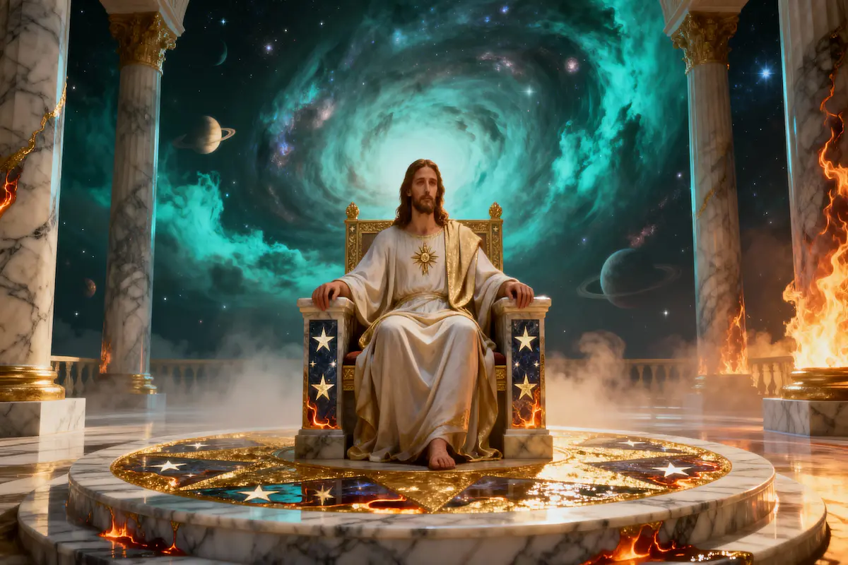Jesus on the eternal throne sustaining creation during Lucifer's rebellion in heaven
