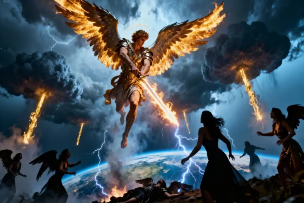 The Untold Fate of the Fallen Angels’ Wives — Michael’s Divine Justice Archangel Michael descending in fire and storm, sword blazing as heaven’s wrath falls on earth.