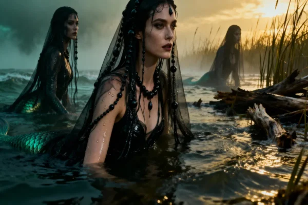 The Forgotten Wives of the Fallen Angels: What Happened After Noah’s Flood Dark gothic illustration of wives of fallen angels after Noah’s Flood, symbolic sirens rising from shadows.
