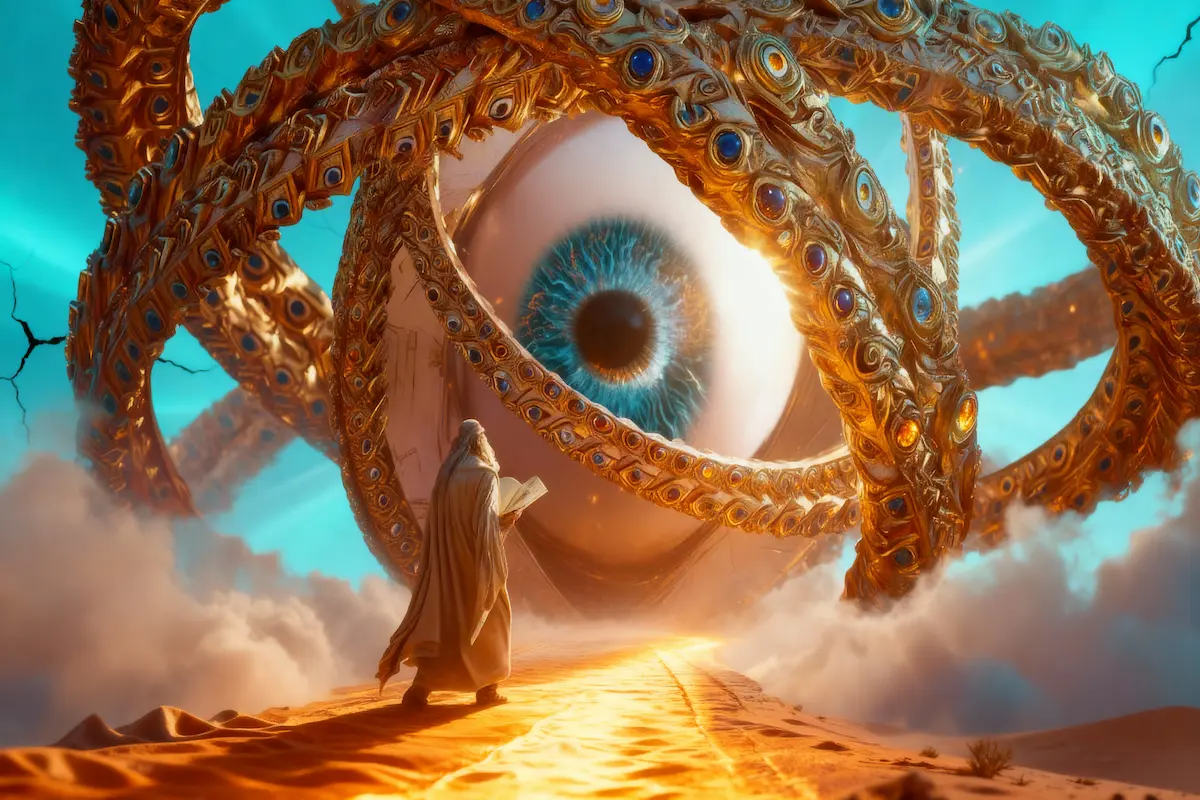 Ezekiel’s Ophanim—interlocking golden wheels with hundreds of blue and amber eyes, a prophet on a glowing path, and a radiant sky.