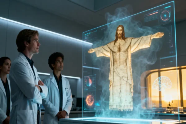 Hyper-realistic image of the Shroud of Turin illuminated by golden hour light in an ancient chapel