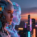 Robo-Replicants: Are Celebrities Replaced by Robot Duplicates? Futuristic cityscape with holographic human faces merging into robotic circuitry, representing the Robo-Replicants concept.