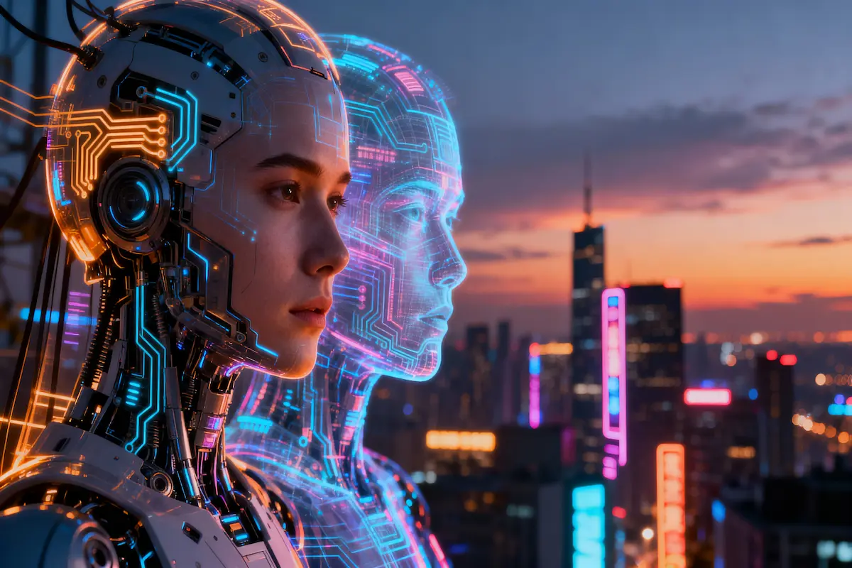 Futuristic cityscape with holographic human faces merging into robotic circuitry, representing the Robo-Replicants concept.