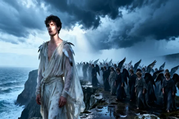 Sariel: The Only Fallen Angel God Forgave (Lost Book of Enoch Secrets) Sariel standing apart from the fallen Watchers on Mount Hermon, light breaking through clouds upon him.