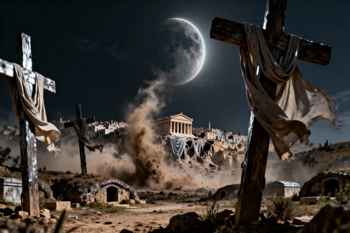 Dramatic depiction of the moment after Jesus’ death, with torn temple veil, darkness, and earthquake imagery.